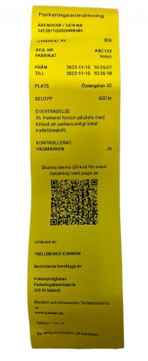 Bild som visar en parkeringsanmärkning med QR-kod för snabb och enkel betalning