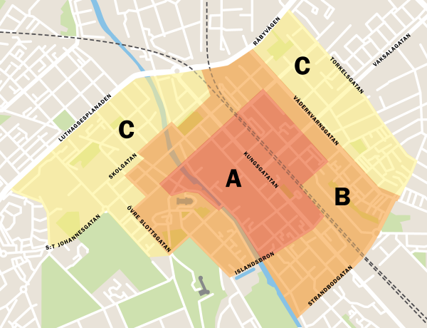 Karta över parkeringsområde A, B och C i Uppsalas innerstad. Klicka för större bild.